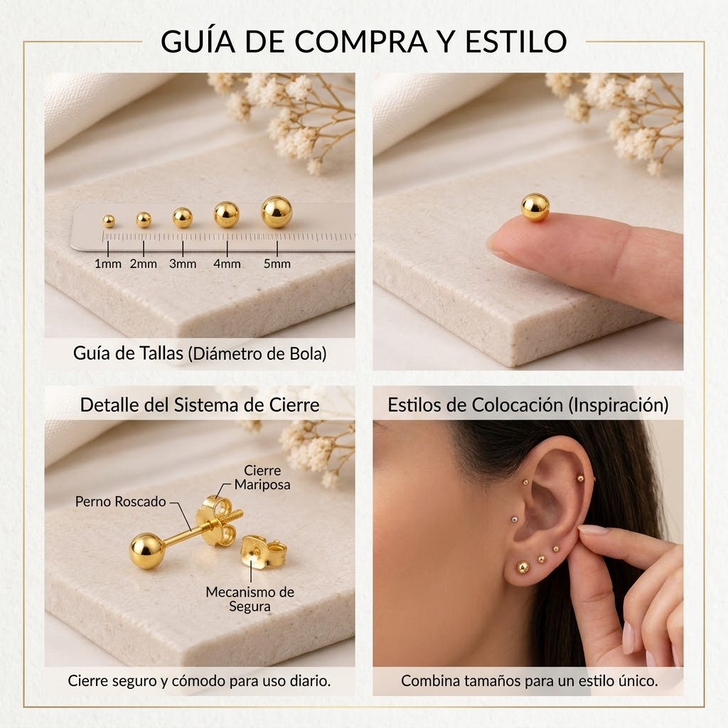 Guía de compra y estilo: tamaños de aretes de bola de 1, 2, 3, 4 y 5 mm, sistema de cierre y ejemplos de cómo quedan en la oreja.